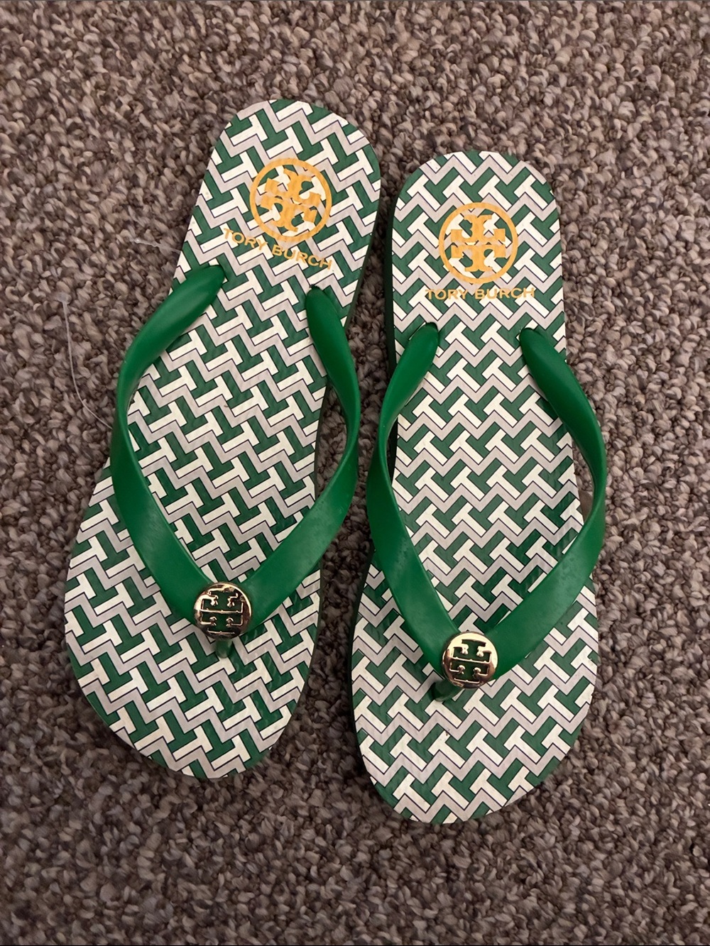 Tory Burch Green and White Tzag Allover Patterned Logo Sandals Flip Flops Size 8